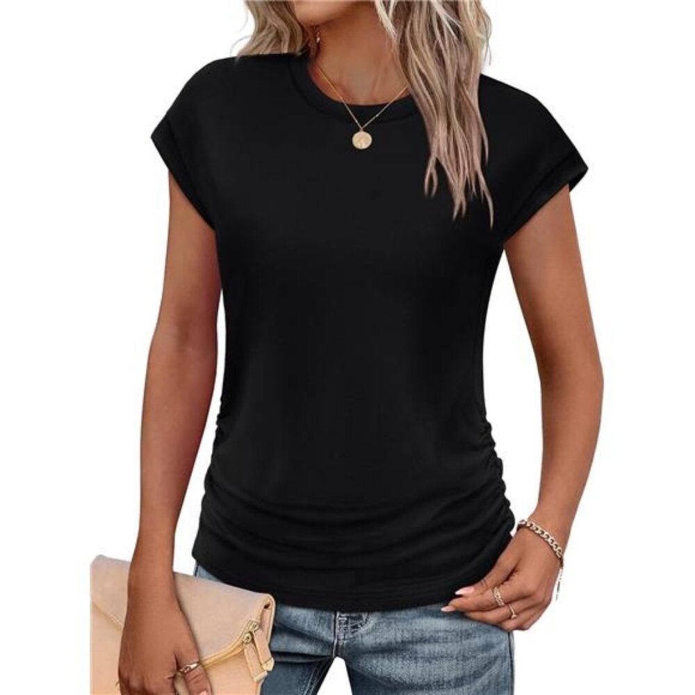 Women's‎ Black Summer Tops Trendy Ruched Cap Short Sleeve T-shirt's Shirts